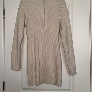 Cream Ribbed Knit Sweater Dress